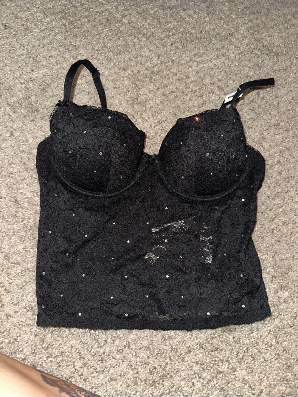 PINK Victoria's Secret Black Lace Camisole Tank with Rhinestone Accents